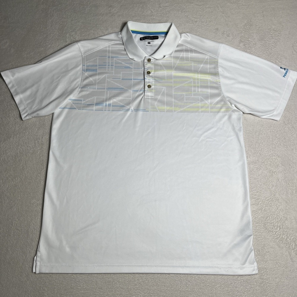 Pebble Beach Golf Performance Polo Shirt Men XL Whit Blue Yellow Golf Striped‎